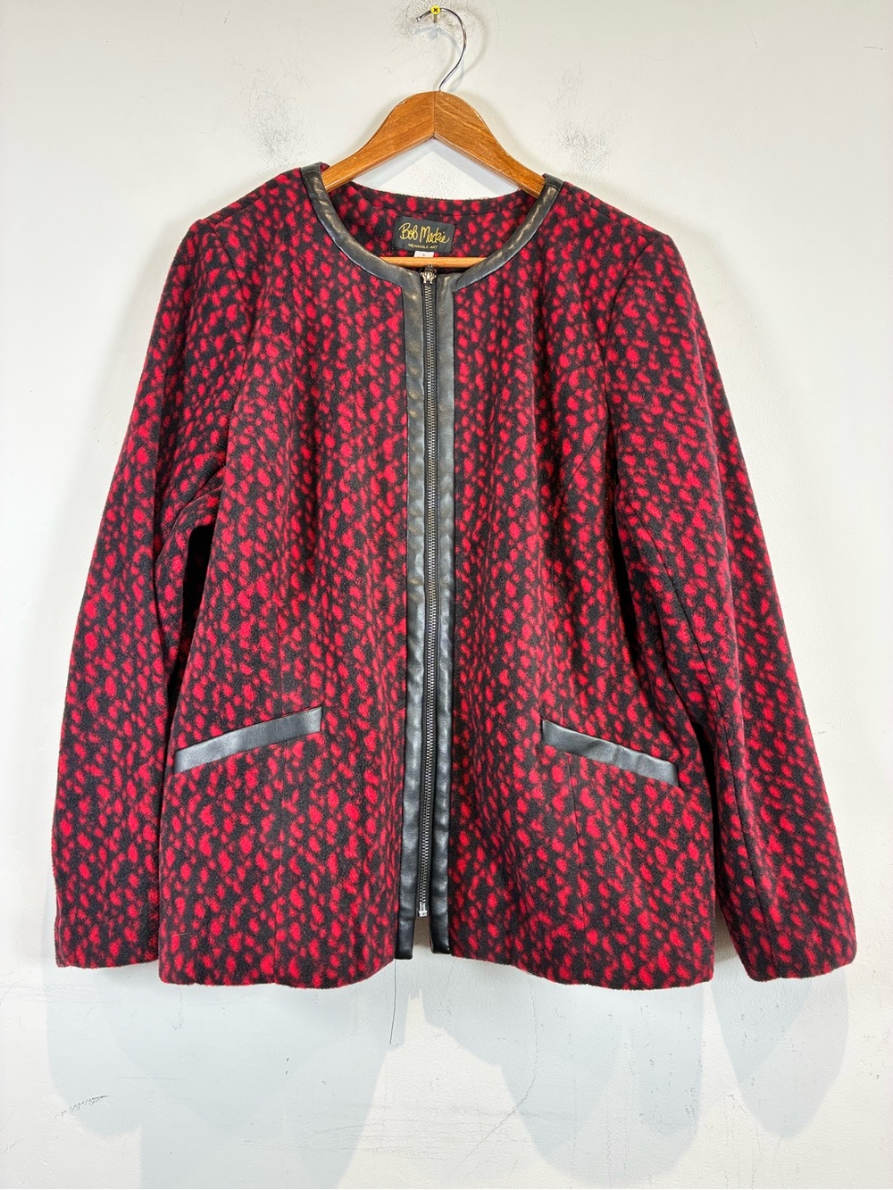 Bob Mackie Red and Black Patterned Wool-Blend Jacket with Leather Trim, Size L